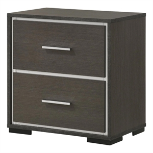 Benjara Hez Nightstand- 2 Drawers- Silver Trim- Modern Dark Brown Finish