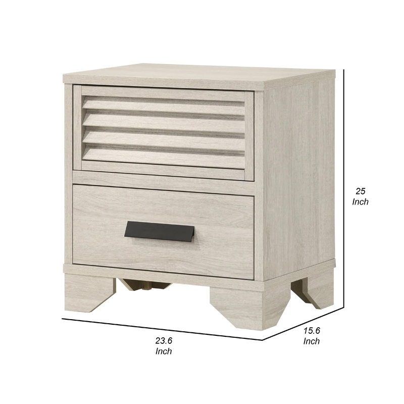 Benjara Sary Nightstand- 2 Drawers- Black Finger Handles- Off White Wood