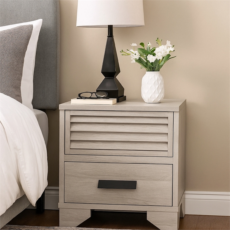 Benjara Sary Nightstand- 2 Drawers- Black Finger Handles- Off White Wood