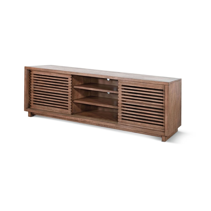 Benjara Jave TV Stand Media Cabinet- Slatted Doors- Shelves- Brown Wood- 85 Inch