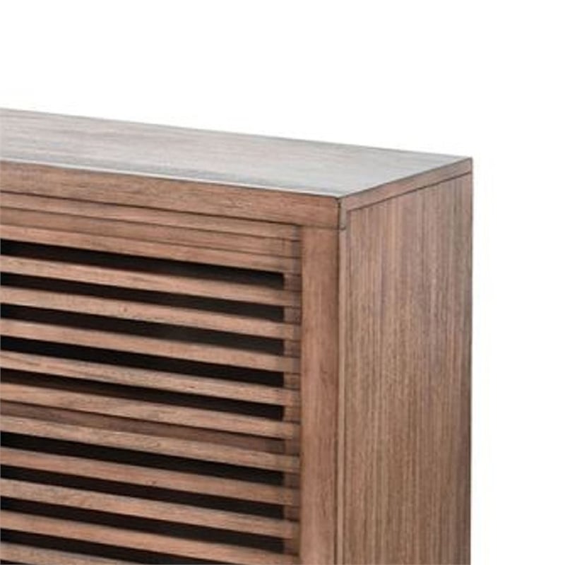 Benjara Jave TV Stand Media Cabinet- Slatted Doors- Shelves- Brown Wood- 85 Inch