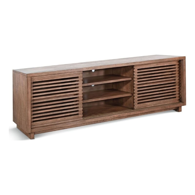 Benjara Jave TV Stand Media Cabinet- Slatted Doors- Shelves- Brown Wood- 85 Inch