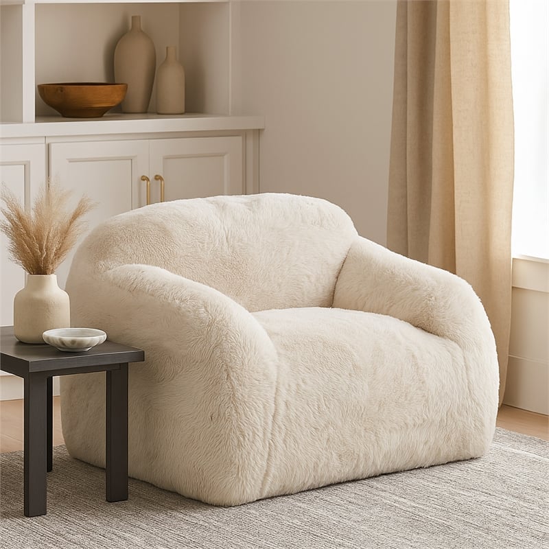 Benjara Accent Lounging Chair- Natural White Faux Fur- 44