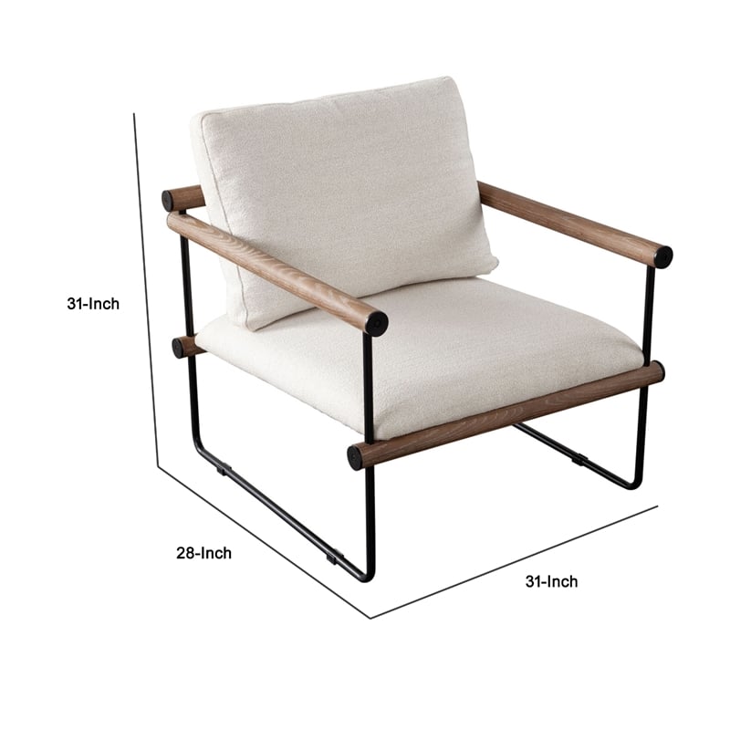 Benjara Accent Armchair- Brown Solid Wood Armrests- 31 Inch- Cream Fabric Seat