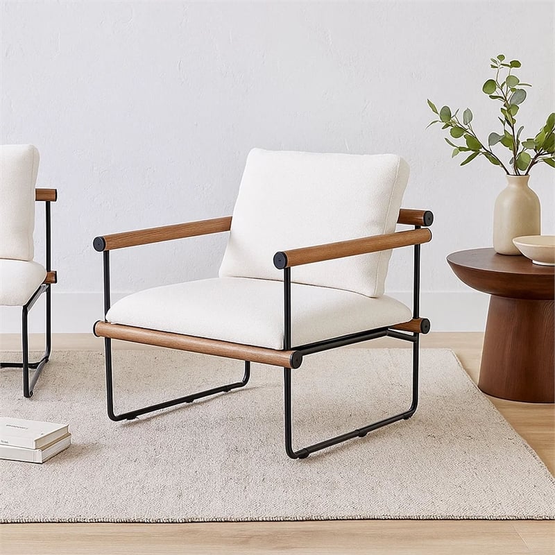 Benjara Accent Armchair- Brown Solid Wood Armrests- 31 Inch- Cream Fabric Seat