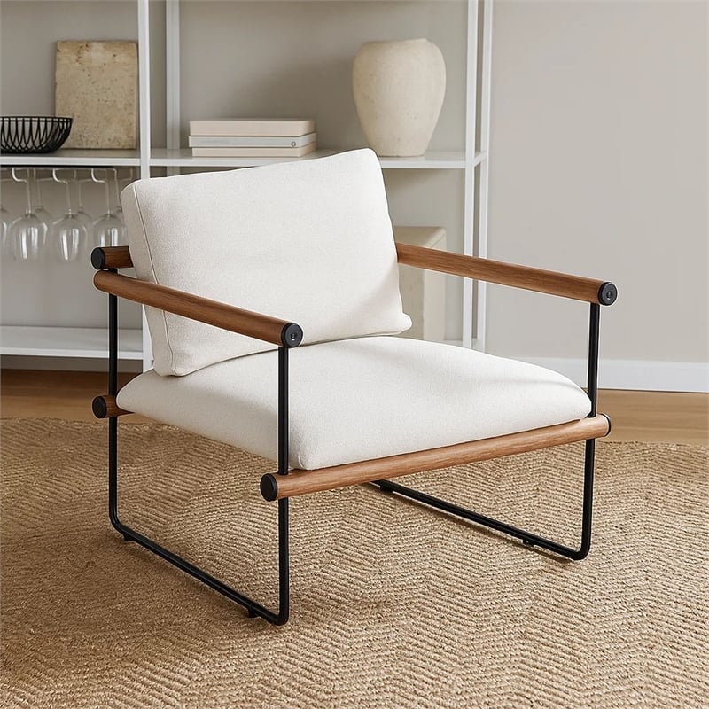Benjara Accent Armchair- Brown Solid Wood Armrests- 31 Inch- Cream Fabric Seat
