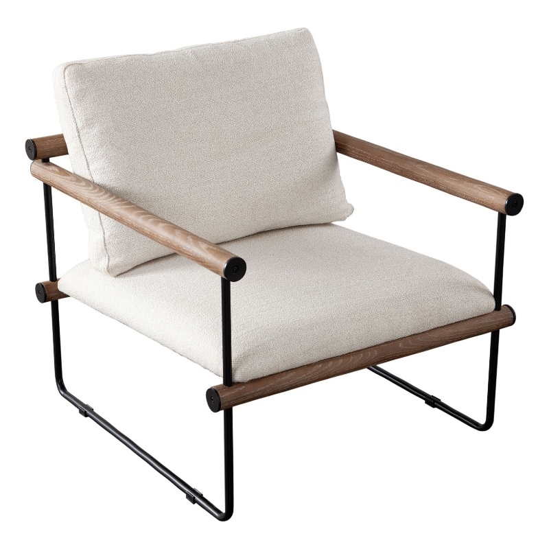 Benjara Accent Armchair- Brown Solid Wood Armrests- 31 Inch- Cream Fabric Seat