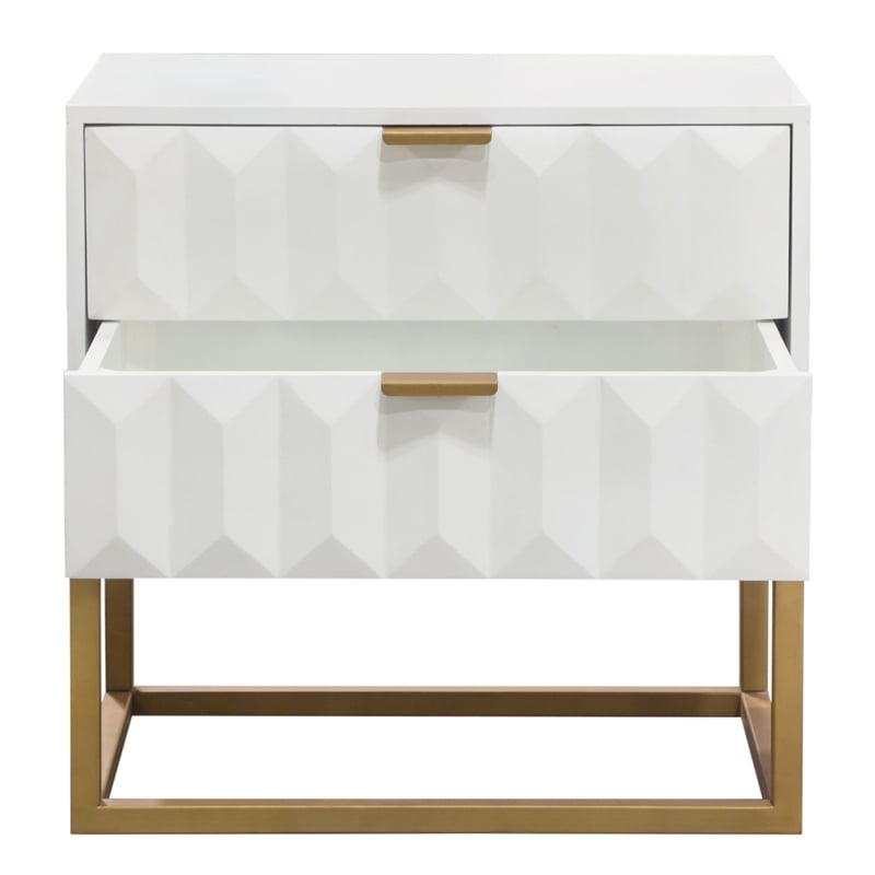 Benjara Fiva Nightstand- 2 Drawers- White Solid Mango Wood- Gold Iron Legs