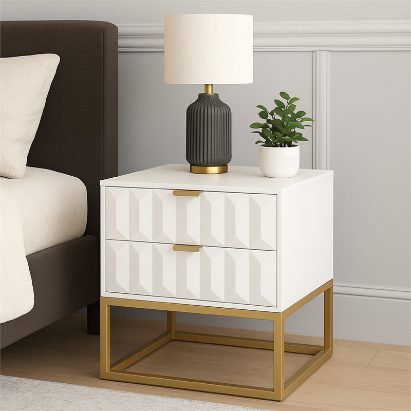 Benjara Fiva Nightstand- 2 Drawers- White Solid Mango Wood- Gold Iron Legs