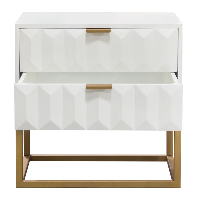 Benjara Fiva Nightstand- 2 Drawers- White Solid Mango Wood- Gold Iron Legs