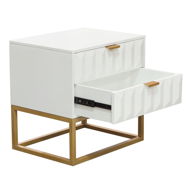 Benjara Fiva Nightstand- 2 Drawers- White Solid Mango Wood- Gold Iron Legs