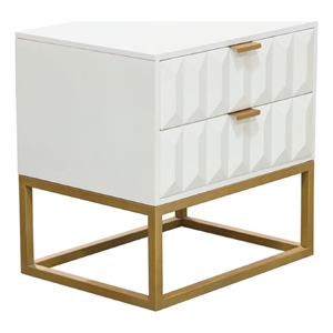 Benjara Fiva Nightstand- 2 Drawers- White Solid Mango Wood- Gold Iron Legs