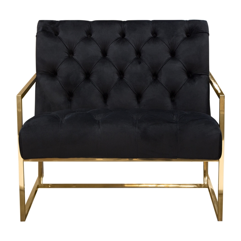 Benjara Masy Accent Armchair- Black Tufted Velvet Angled Seat & Back- Gold Legs