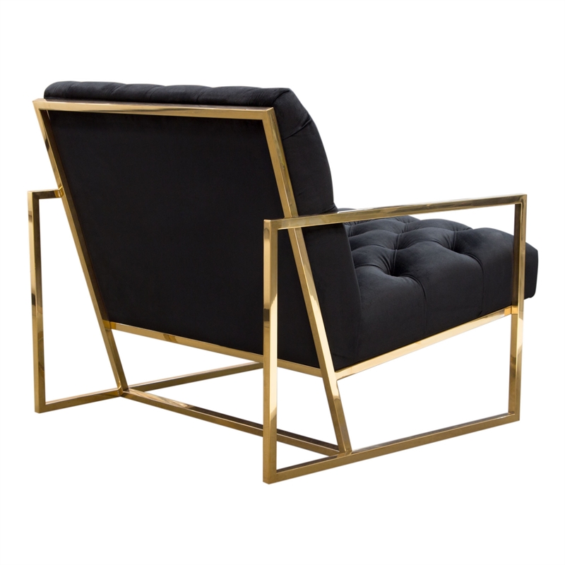 Benjara Masy Accent Armchair- Black Tufted Velvet Angled Seat & Back- Gold Legs