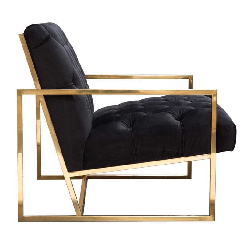 Benjara Masy Accent Armchair- Black Tufted Velvet Angled Seat & Back- Gold Legs