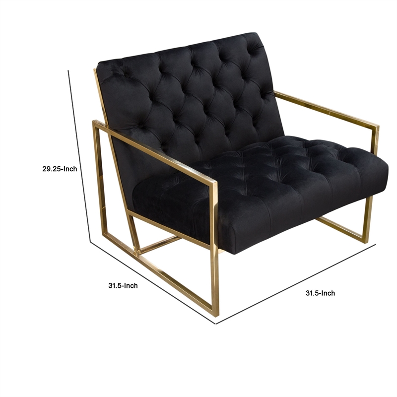 Benjara Masy Accent Armchair- Black Tufted Velvet Angled Seat & Back- Gold Legs
