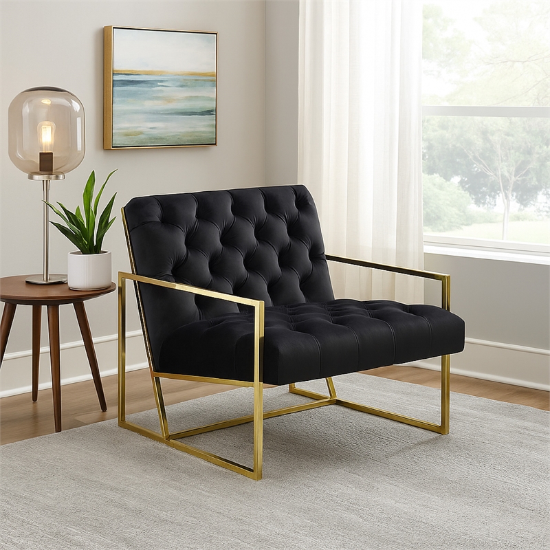 Benjara Masy Accent Armchair- Black Tufted Velvet Angled Seat & Back- Gold Legs