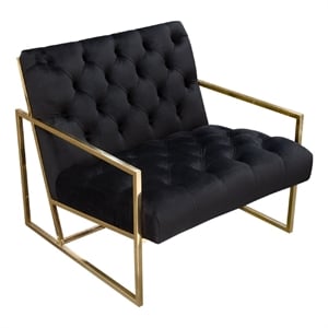 Benjara Masy Accent Armchair- Black Tufted Velvet Angled Seat & Back- Gold Legs