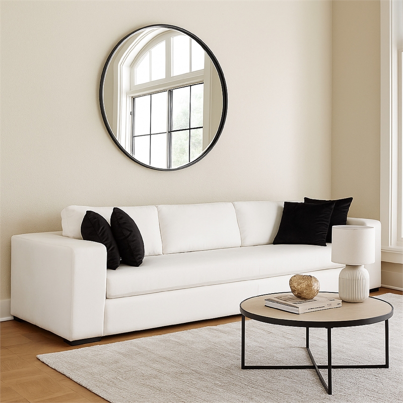 Benjara Lipi Modern Sofa- Mist White Fabric w Track Arms- 110