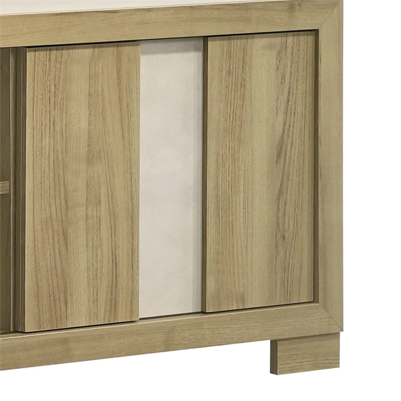 Benjara Amey TV Stand Media Cabinet- 2 Sliding Door- Shelves- Brown Driftwood