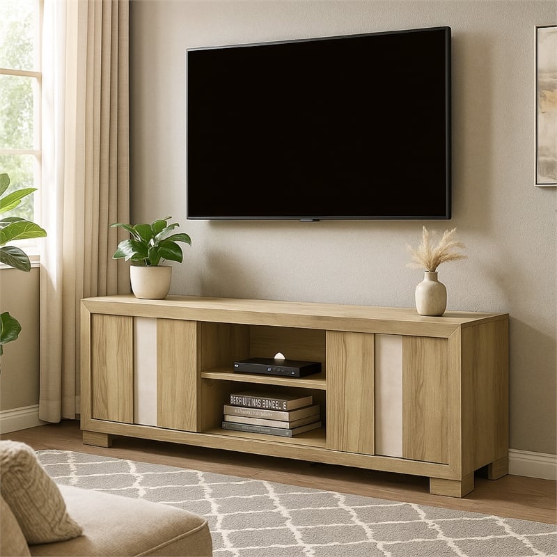 Benjara Amey TV Stand Media Cabinet- 2 Sliding Door- Shelves- Brown Driftwood