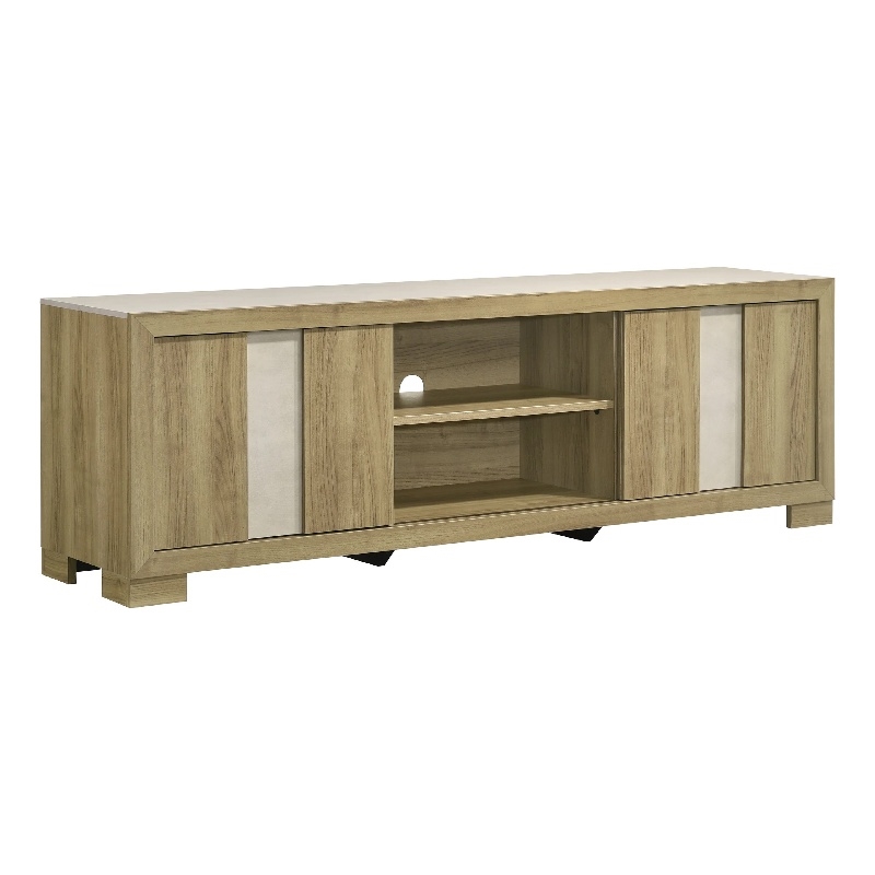 Benjara Amey TV Stand Media Cabinet- 2 Sliding Door- Shelves- Brown Driftwood
