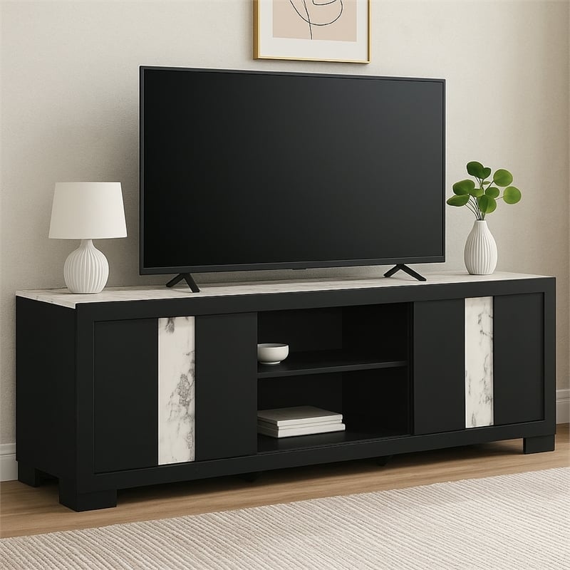 Benjara Amey TV Stand Media Cabinet- 2 Sliding Doors and 2 Shelves- Black Wood