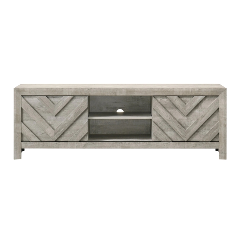 Benjara Velz TV Media Stand Console- 2 Chevron Doors- Open Shelves- Beige