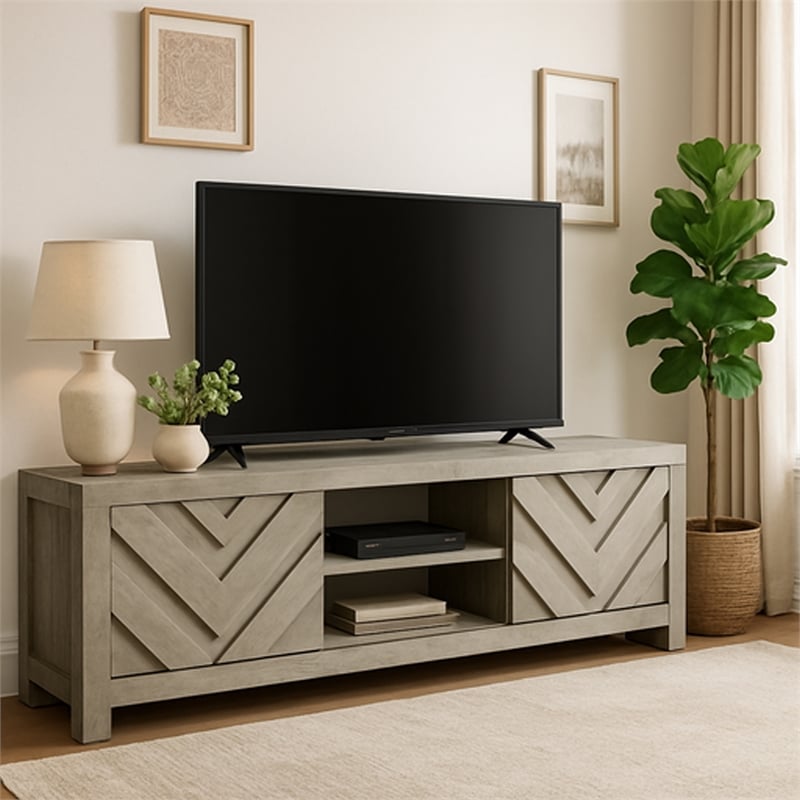 Benjara Velz TV Media Stand Console- 2 Chevron Doors- Open Shelves- Beige