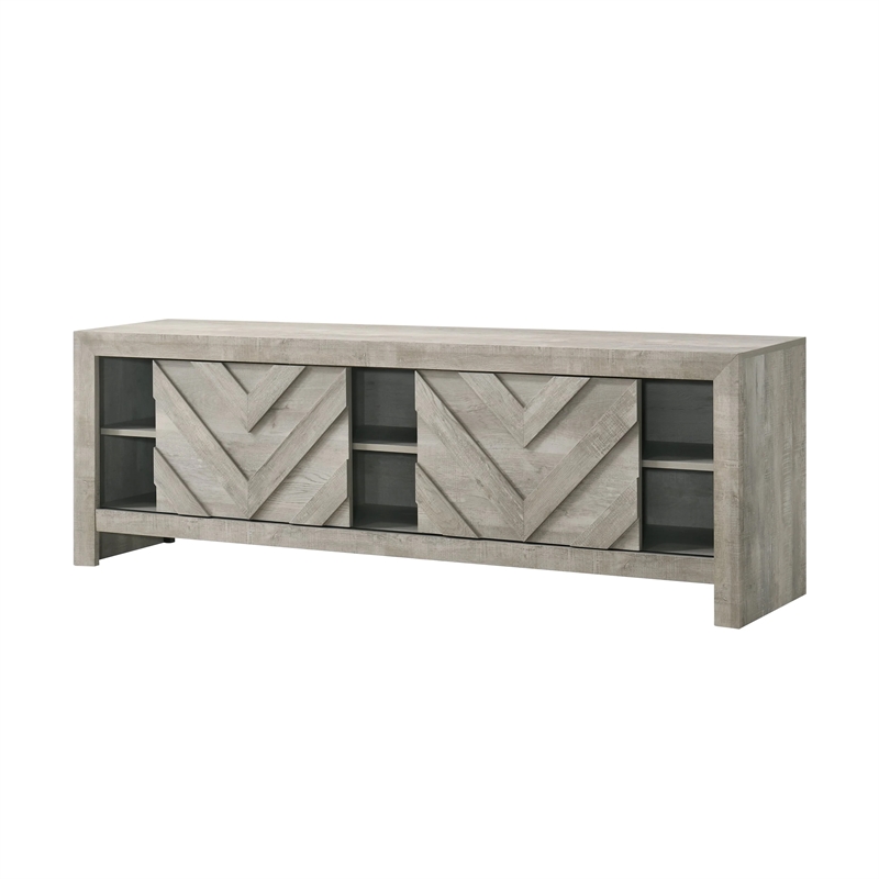 Benjara Velz TV Media Stand Console- 2 Chevron Doors- Open Shelves- Beige