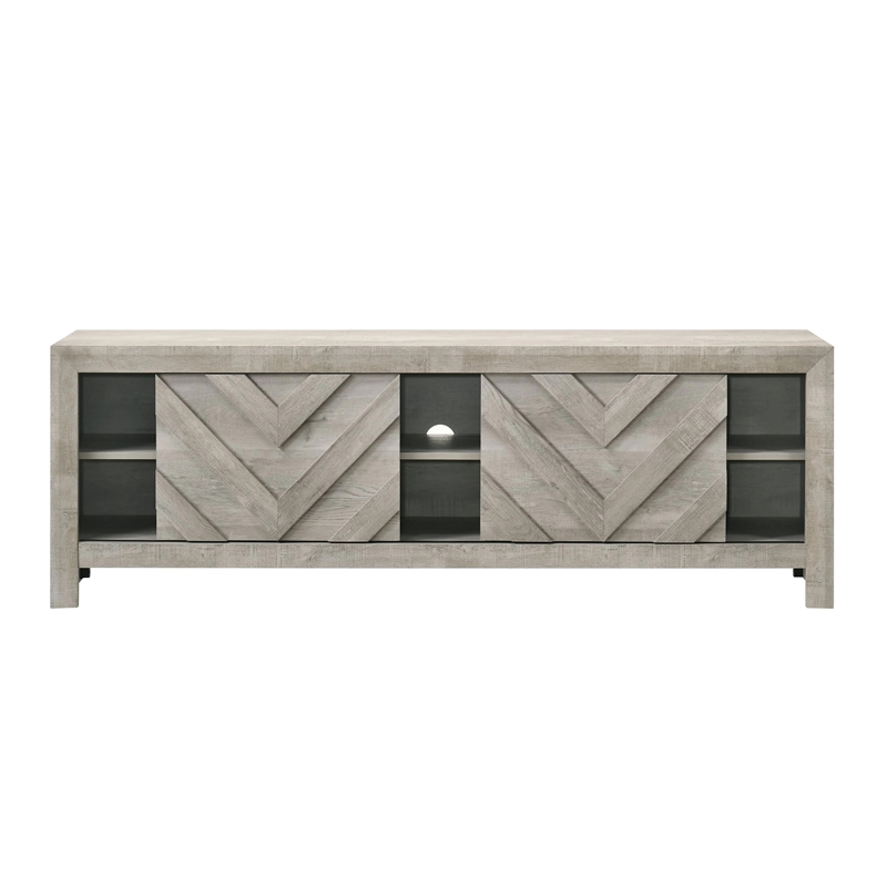 Benjara Velz TV Media Stand Console- 2 Chevron Doors- Open Shelves- Beige
