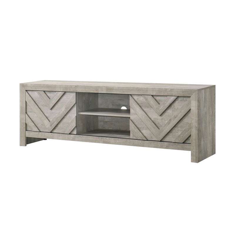 Benjara Velz TV Media Stand Console- 2 Chevron Doors- Open Shelves- Beige