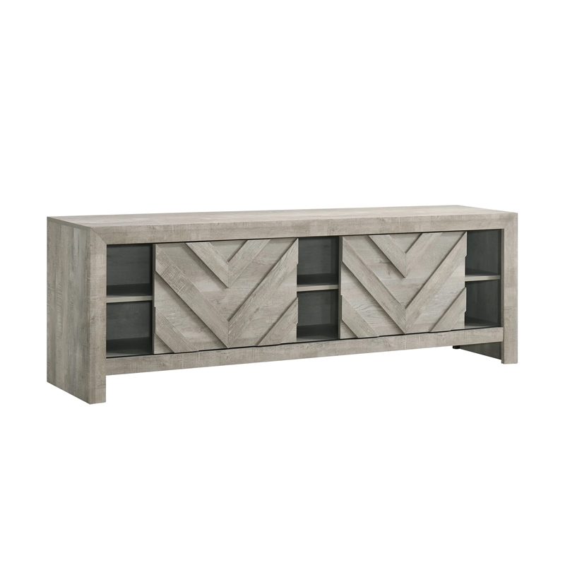Benjara Velz TV Media Stand Console- 2 Chevron Doors- Open Shelves- Beige