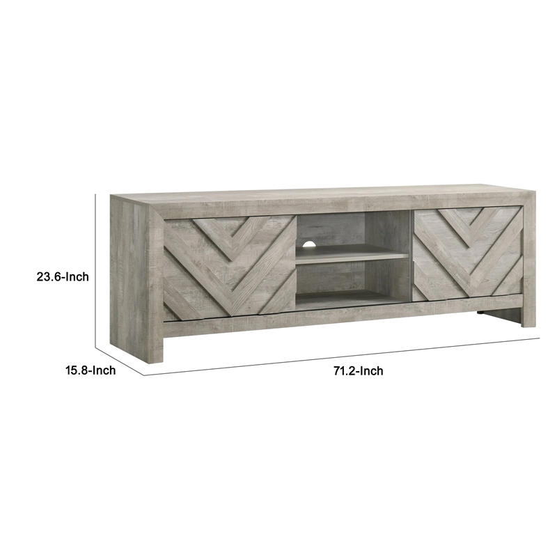 Benjara Velz TV Media Stand Console- 2 Chevron Doors- Open Shelves- Beige