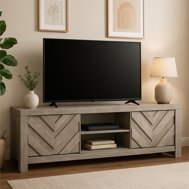 Benjara Velz TV Media Stand Console- 2 Chevron Doors- Open Shelves- Beige