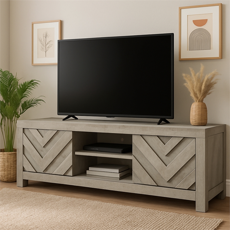 Benjara Velz TV Media Stand Console- 2 Chevron Doors- Open Shelves- Beige