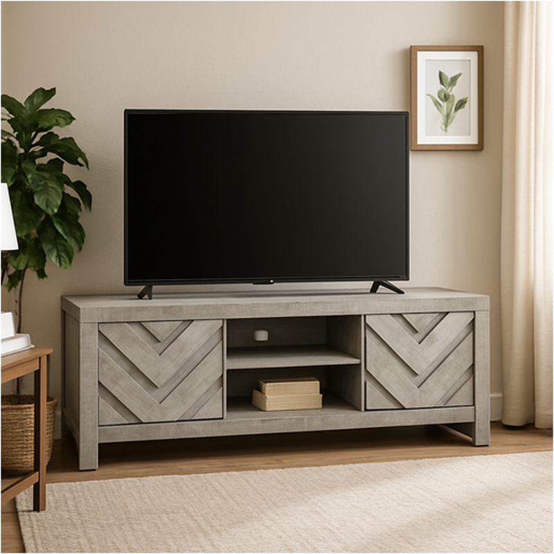 Benjara Velz TV Media Stand Console- 2 Chevron Doors- Open Shelves- Beige