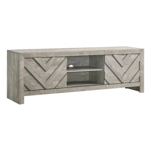 Benjara Velz TV Media Stand Console- 2 Chevron Doors- Open Shelves- Beige
