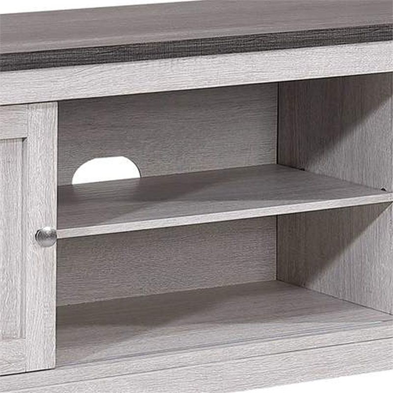 Benjara Leya TV Stand Media Cabinet- 2 Doors- 2 Shelves- Cable Cut Gray Wood