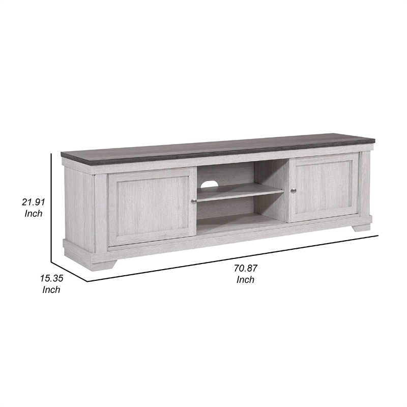 Benjara Leya TV Stand Media Cabinet- 2 Doors- 2 Shelves- Cable Cut Gray Wood