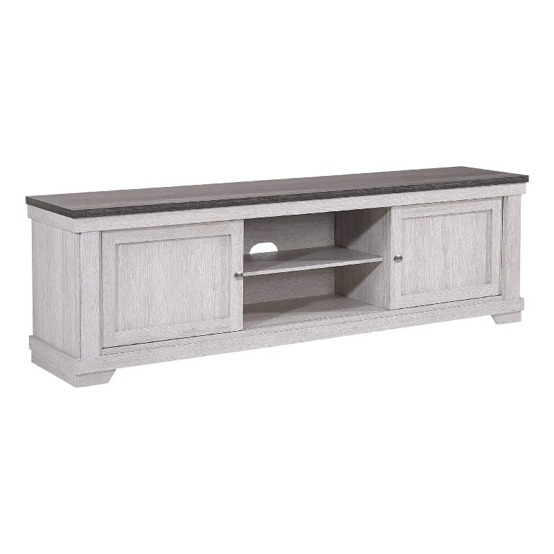 Benjara Leya TV Stand Media Cabinet- 2 Doors- 2 Shelves- Cable Cut Gray Wood