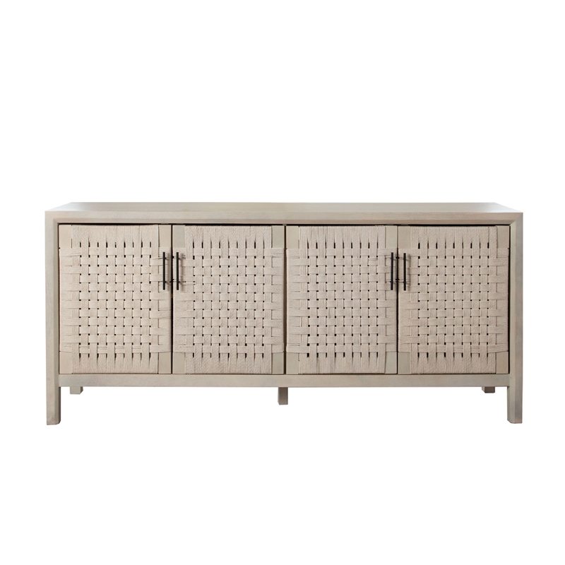 Benjara Pam Sideboard Buffet Cabinet 76 Inch- Natural Mango Wood w 4 Woven Doors