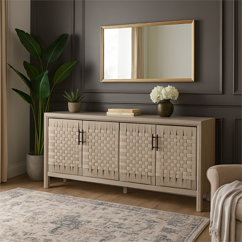 Benjara Pam Sideboard Buffet Cabinet 76 Inch- Natural Mango Wood w 4 Woven Doors