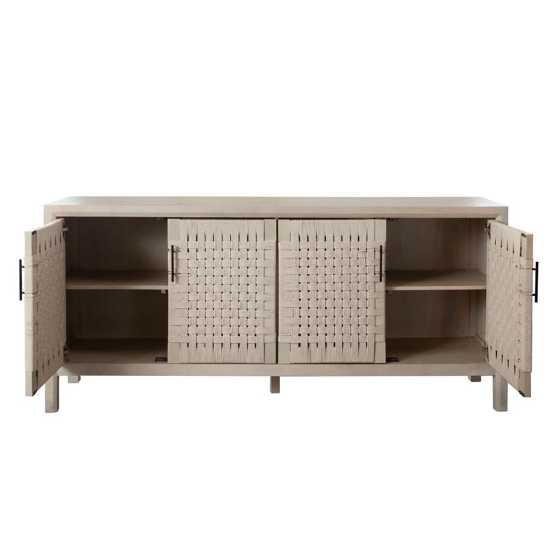 Benjara Pam Sideboard Buffet Cabinet 76 Inch- Natural Mango Wood w 4 Woven Doors
