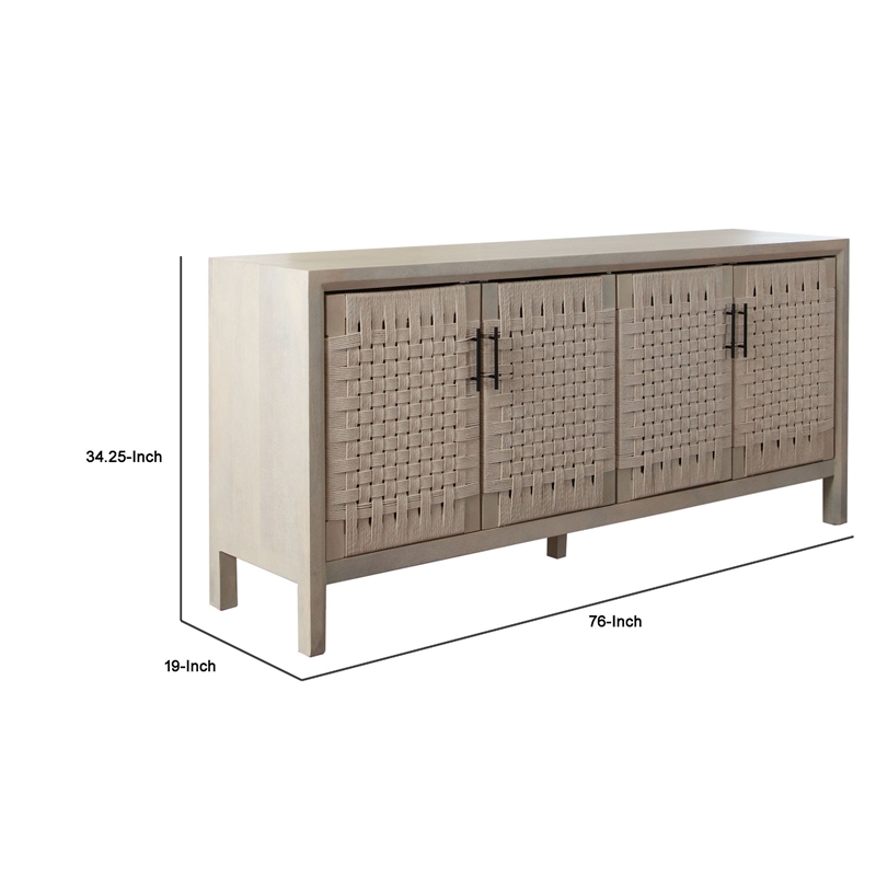Benjara Pam Sideboard Buffet Cabinet 76 Inch- Natural Mango Wood w 4 Woven Doors