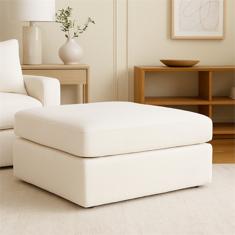 Benjara Lipi Accent Ottoman- Plush Mist White- 42