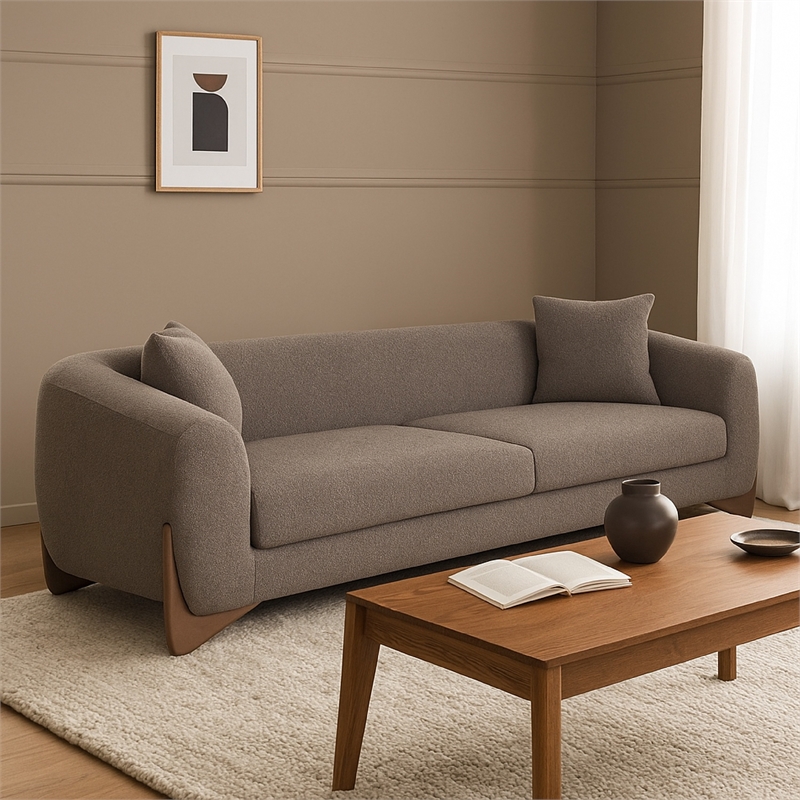 Benjara Resy Sofa- 91 Inch- 2 Accent Pillows- Toffee Brown Textured Polyester