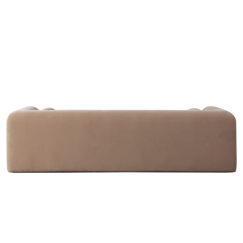 Benjara Foxo Retro Sofa- 2 Accent Pillows- Padded Camel Brown Velvet- 99 Inch