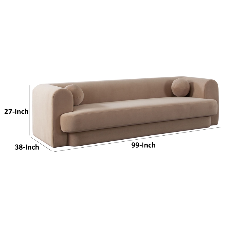 Benjara Foxo Retro Sofa- 2 Accent Pillows- Padded Camel Brown Velvet- 99 Inch
