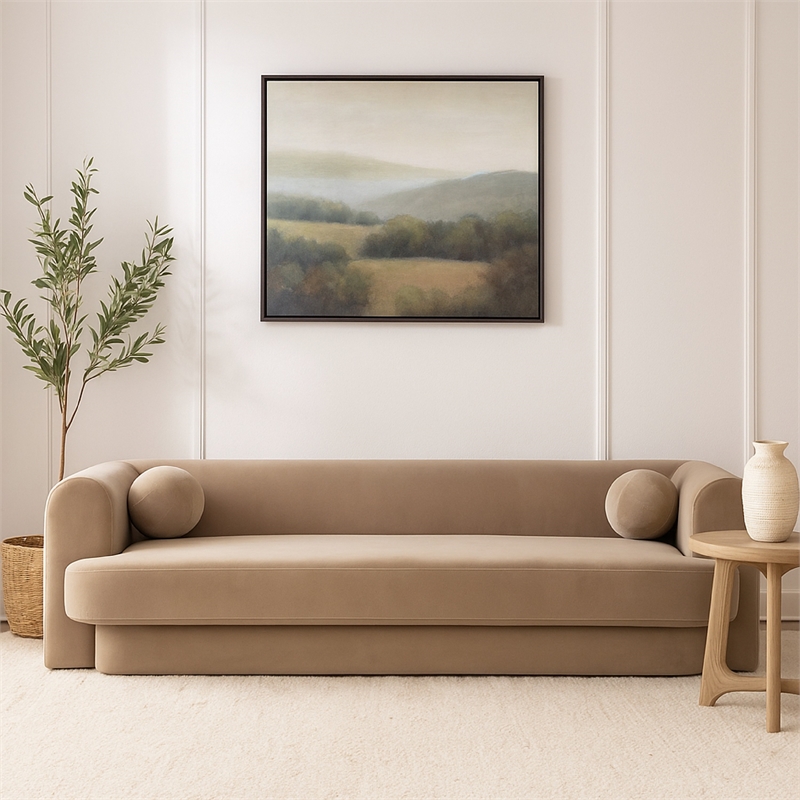 Benjara Foxo Retro Sofa- 2 Accent Pillows- Padded Camel Brown Velvet- 99 Inch